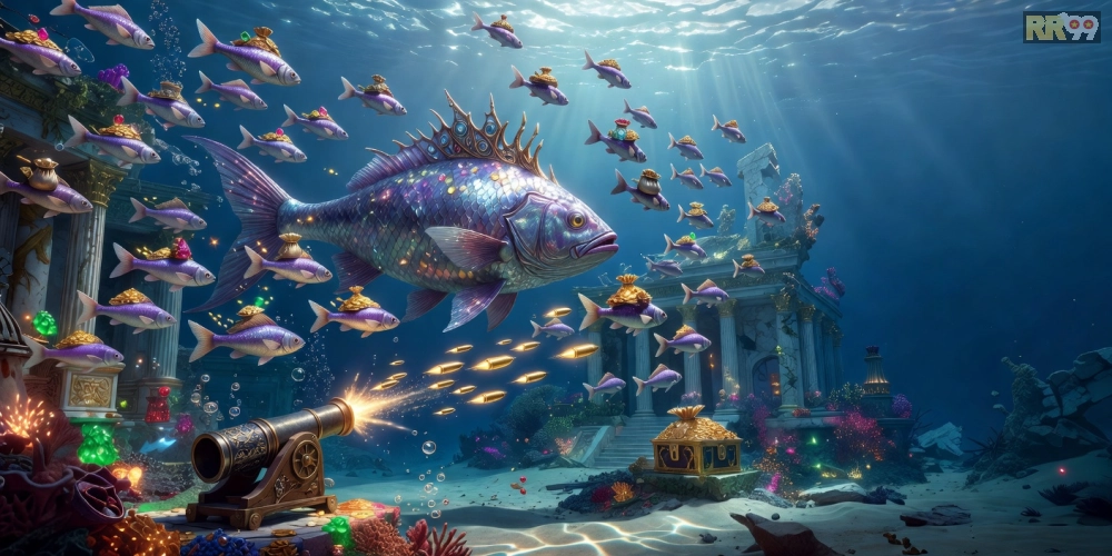 Giao diện game bắn cá vương triều với boss cá khổng lồ và hiệu ứng nổ phần thưởng hấp dẫn