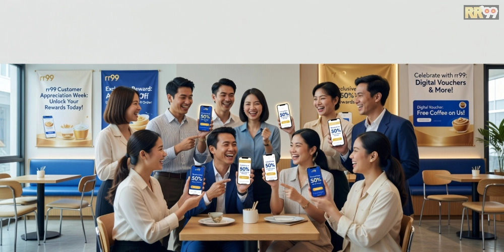 Minh họa chương trình khuyến mãi tri ân khách hàng rr99 với các ưu đãi hấp dẫn và khách hàng vui vẻ