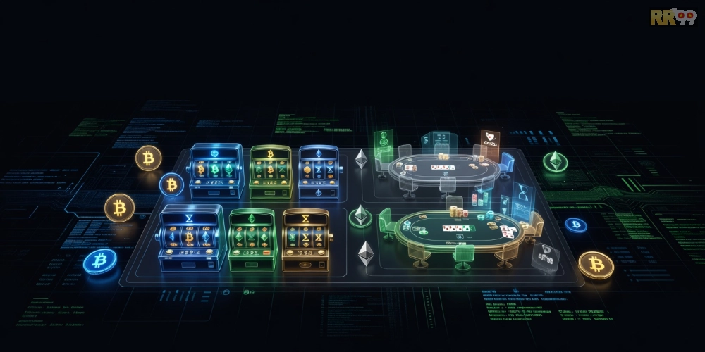 Hình minh họa giao diện crypto casino rr99 với các trò chơi hấp dẫn và biểu tượng tiền điện tử