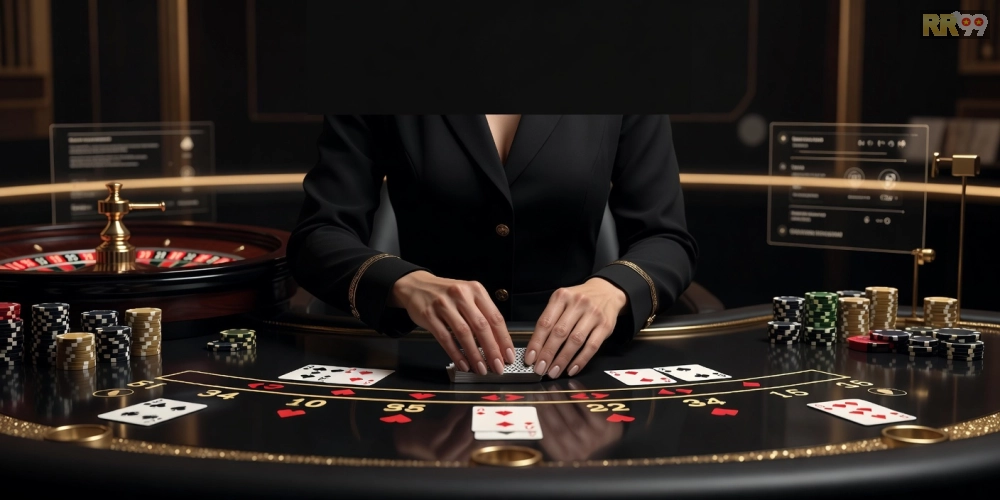 Hình ảnh minh họa khái niệm live casino rr99 với dealer chuyên nghiệp và bàn chơi hiện đại.