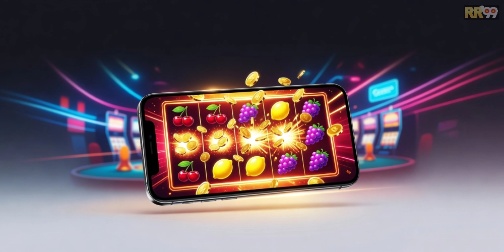 Caption minh họa khái niệm tải game nổ hũ rr99 với giao diện slot machine hiện đại