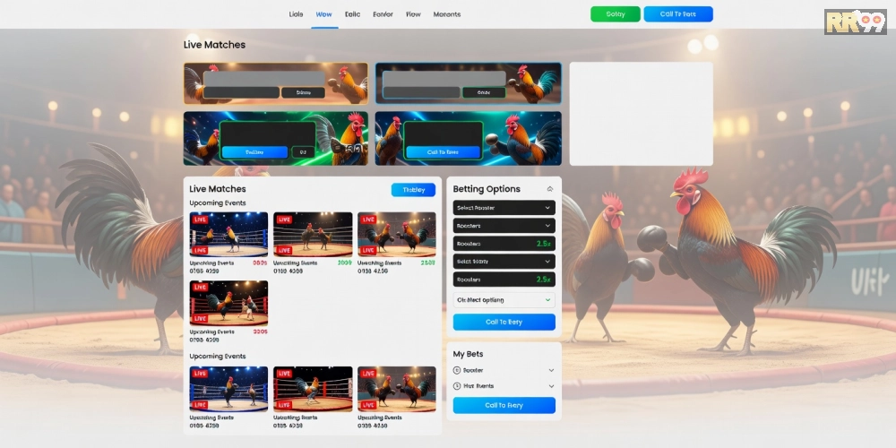 Giao diện trang chủ đá gà online rr99 với các trận đấu nổi bật và tùy chọn cược