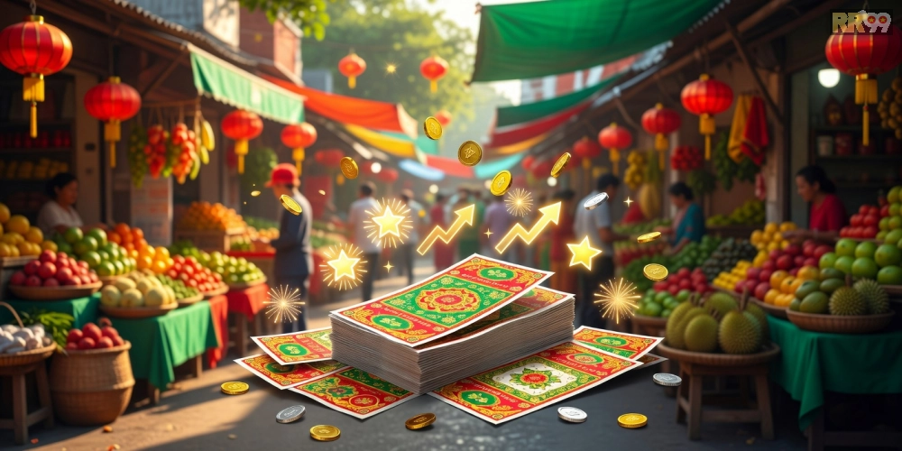 Minh họa ưu đãi hấp dẫn cho xổ số miền Nam với biểu tượng tiền thưởng và vé số xếp chồng, tạo cảm giác may mắn và tin cậy